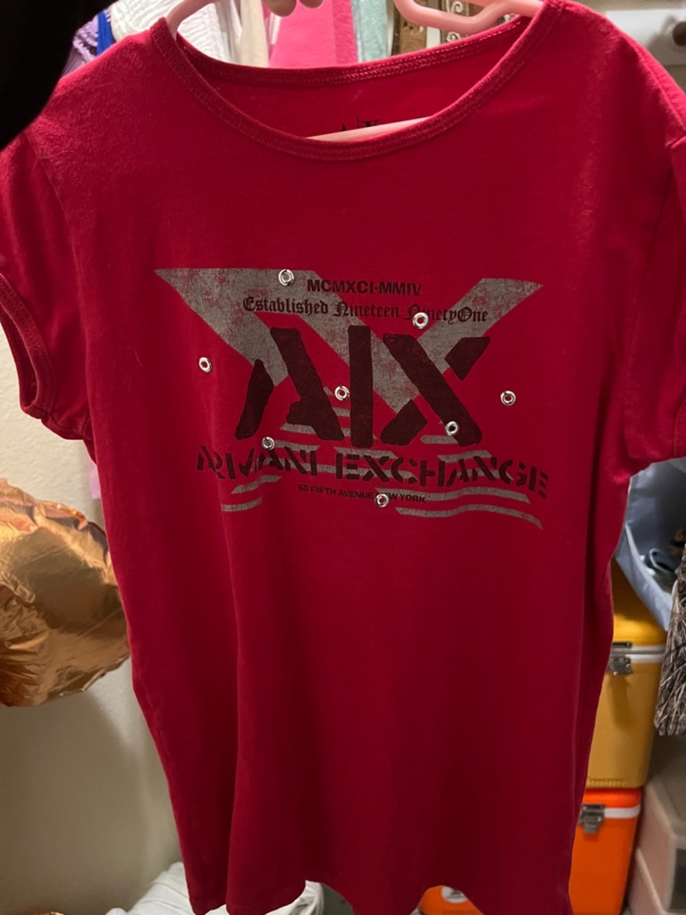Armani Exchange Red Tee with Metallic Silver & Black AX Logo